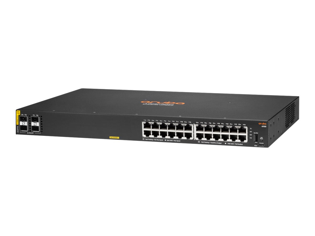 HPE Aruba 6100 24G Class4 PoE 4SFP+ - Conmutador - Gestionado - 24 x 10/100/1000 (PoE+) + 4 x 1 Gigabit / 10 Gigabit SFP+ - flujo de aire de lado a lado - montaje en rack - PoE+ (370 W)