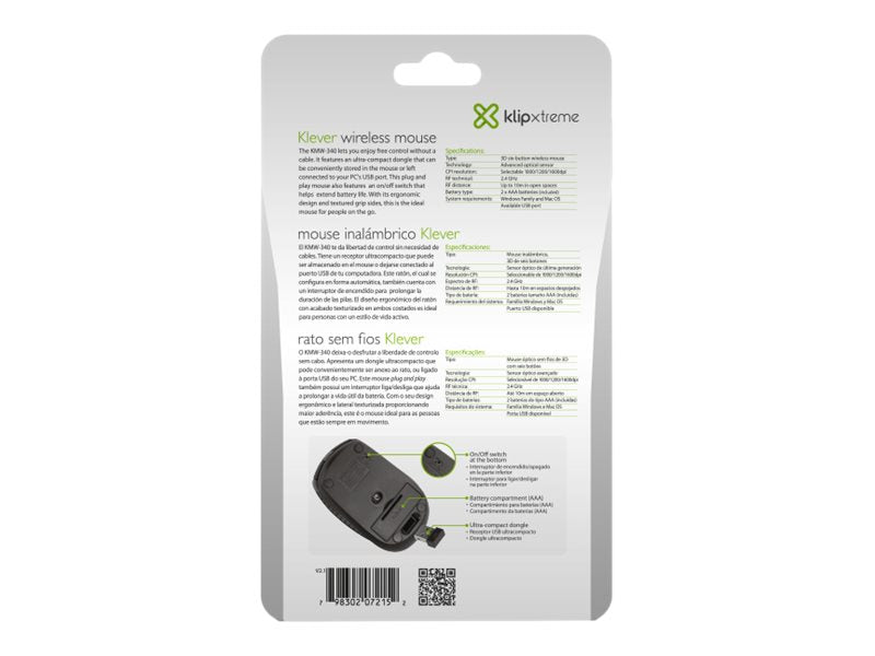Klip Xtreme Klever KMW-340 - Ratón - óptico - 6 botones - inalámbrico - 2.4 GHz - receptor inalámbrico USB - negro