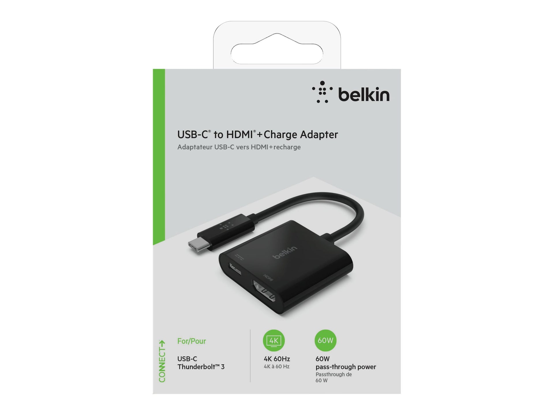 Belkin USB-C to HDMI + Charge Adapter - Adaptador de vídeo - 24 pin USB-C macho a HDMI, USB-C (solo alimentación) hembra - negro - compatibilidad con 4K, USB Power Delivery (60W)