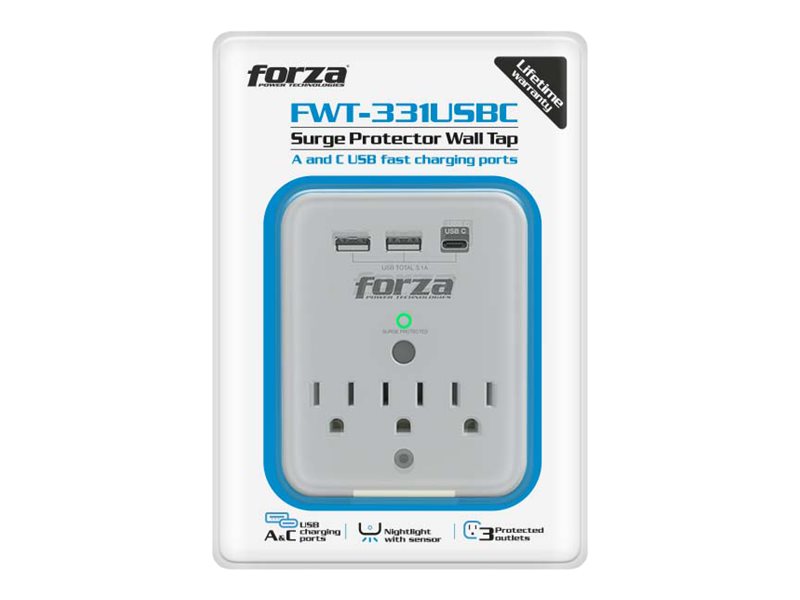 Forza FWT-331USBC - Protector contra sobretensiones (montaje en pared) - CA 125 V - 1875 vatios - conectores de salida: 3 - blanco