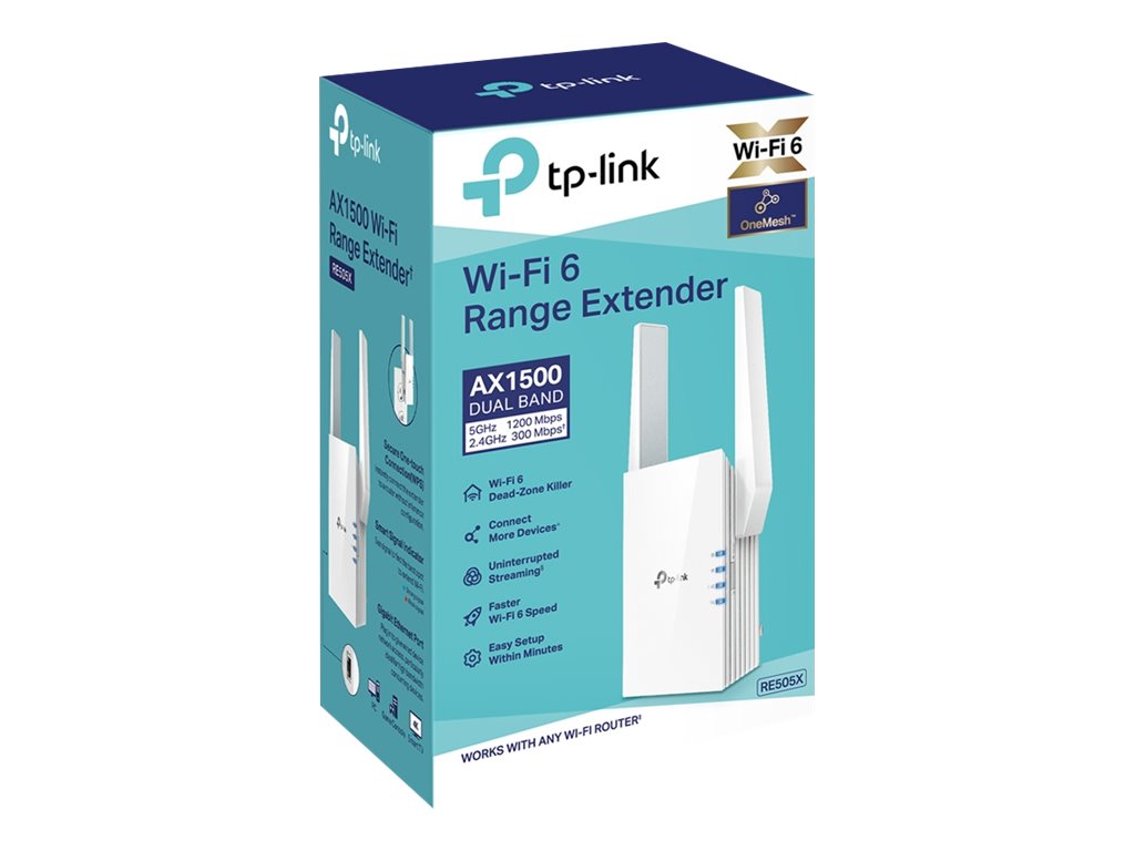 TP-Link RE505X - Extensor de Red Wi-Fi 6 AX1500 - 300 Mbps a 2.4GHz + 867Mbps a 5GHz-2 × antenas externas - 1 × puerto de 10/100 Mbps - enchufado a la pared