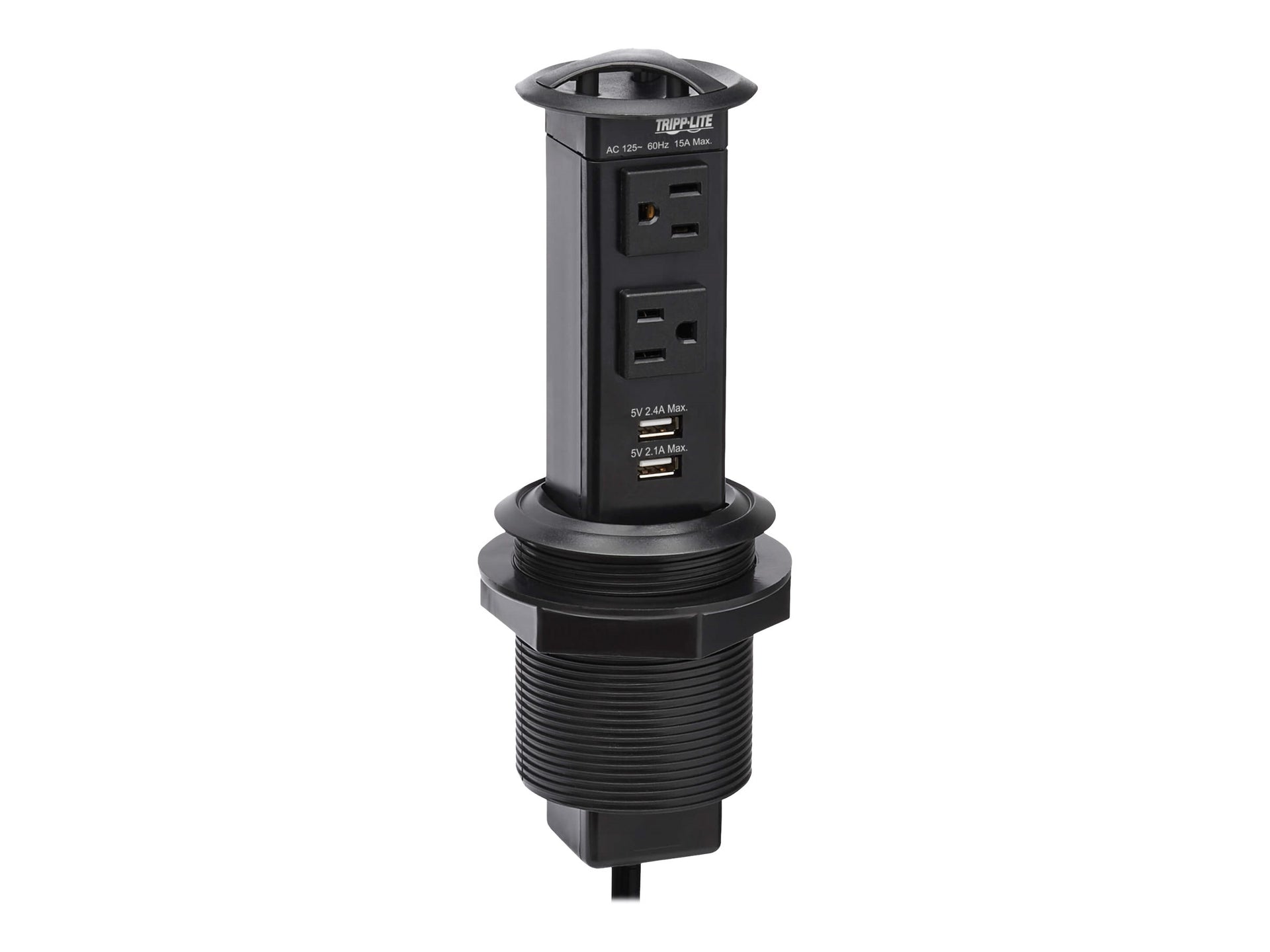 Eaton Tripp Lite Series Power It! 2-Outlet Pop-Up Power and Charging Dock - 2x USB-A, 6 ft. Cord, Antimicrobial Protection, Black - Banda de potencia (emergente) - 15 A - CA 120 V - input: NEMA 5-15P - conectores de salida: 4 (2 de NEMA 5-15R, 2 x USB) -