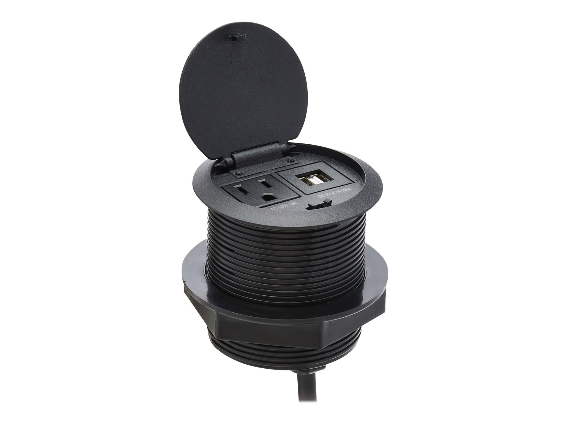 Eaton Tripp Lite Series Protect It! Desktop Power Grommet - NEMA 5-15P, 2x USB-A Charging, Surge Protection, 10 ft. Cord, Antimicrobial, Black - Banda de potencia (emergente) - 15 A - CA 120 V - input: NEMA 5-15P - conectores de salida: 3 (power NEMA 5-15