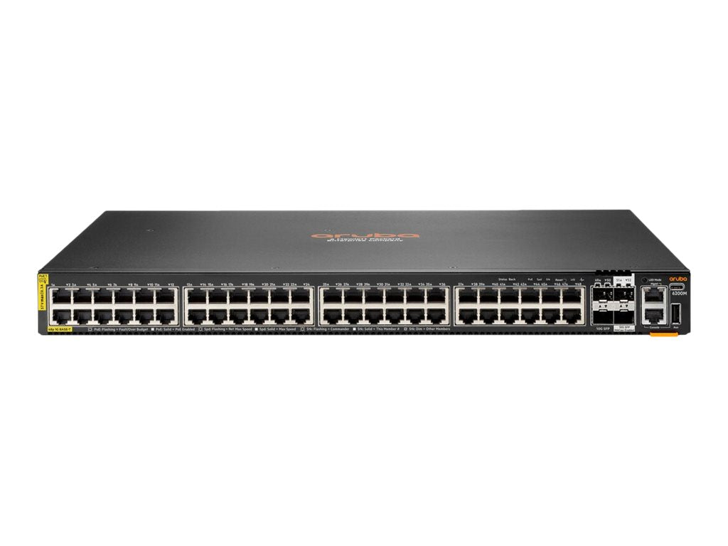 HPE Aruba 6200M 48G Class4 PoE 4SFP+ Switch - Conmutador - Distancia máx. de apilamiento de 10 km - L3 - Gestionado - 48 x 10/100/1000 (PoE+) + 4 x SFP+ de 1 Gigabit/10 Gigabits (enlace ascendente/apilamiento) - flujo de aire de delante hacia el lado - mo-1