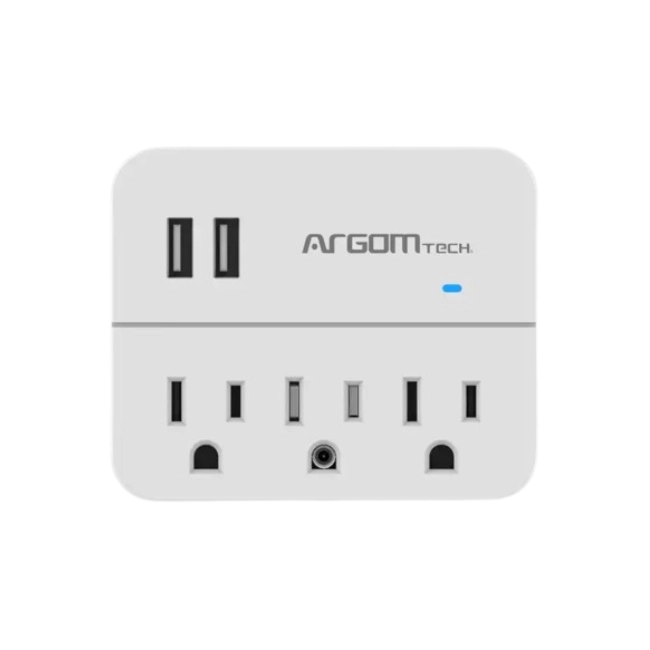 Adaptador de Enchufe Triple con 2 Puertos USB y Proteccion de Sobretensiones - Blanco