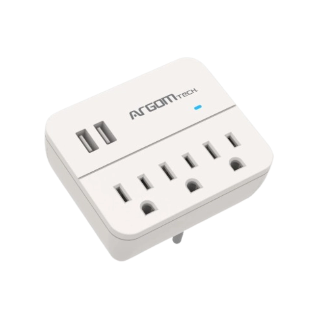 Adaptador de Enchufe Triple con 2 Puertos USB y Proteccion de Sobretensiones - Blanco