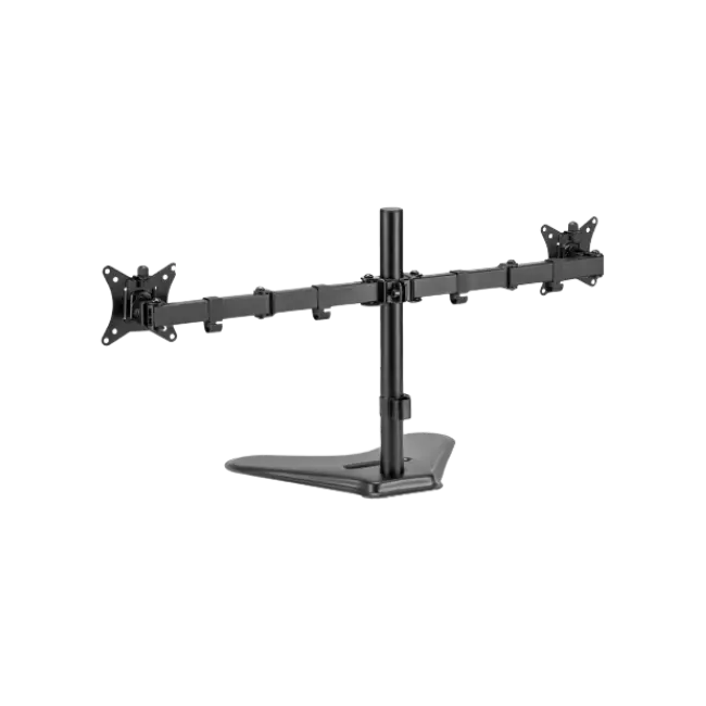 Soporte de escritorio para dos monitores de 32" con base y ranura para teléfono