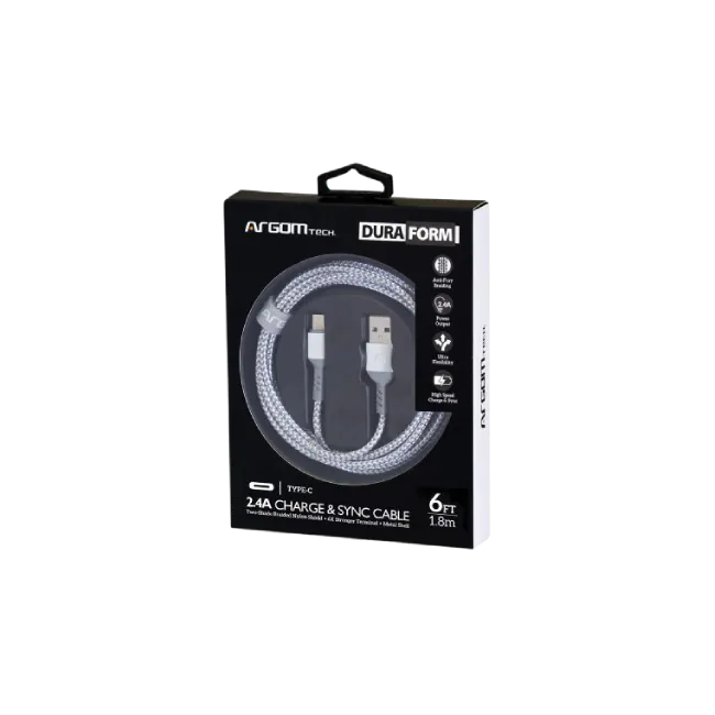 Cable Argom ARG-CB-0025WT Dura Form Tipo C a USB 2.0 Nylon Trenzado 1.8 Metros 2.4A Color Blanco con Gris