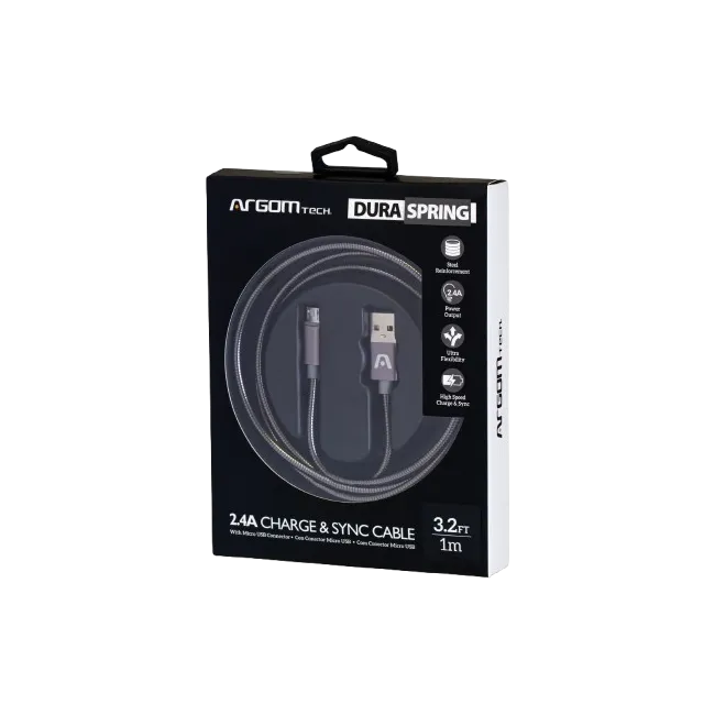CABLE ARGOM DURA SPRING MICRO USB TO USB 2.0 METAL BRAIDED 1M/3.2FT GREY