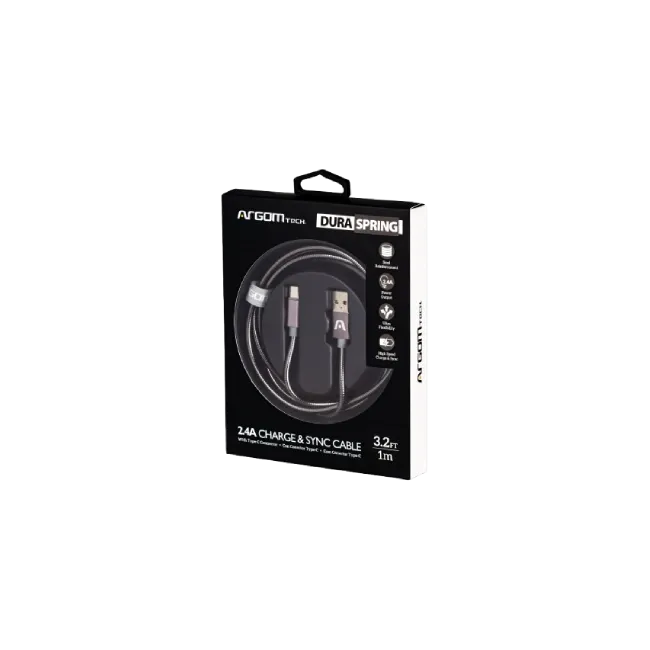 Cable Argom ARG-BR-0028GR Dura Spring Tipo C a USB 2.0 Metal Trenzado 1 Metro Color Gris