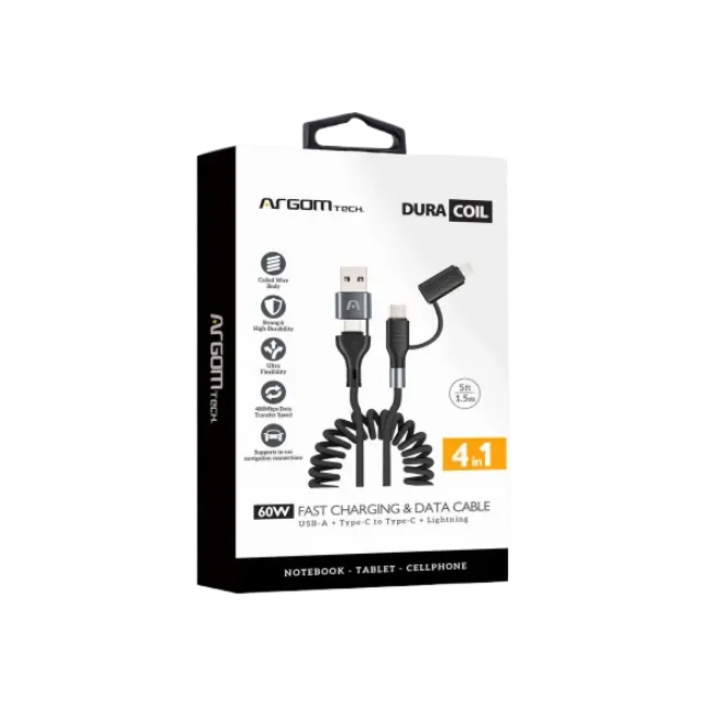 CABLE ARGOM CARGA RAPIDA 4 EN 1 DE 60W DURA COIL DE 1.5 M/6FT NEGRO