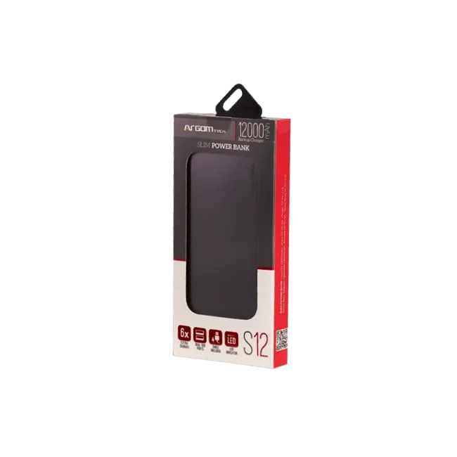 Cargador Portatil Argom ARG-PB-1150SL S12 Delgado de Aluminio 12000 MAH Entrada Doble Micro USB / T Color Plateado