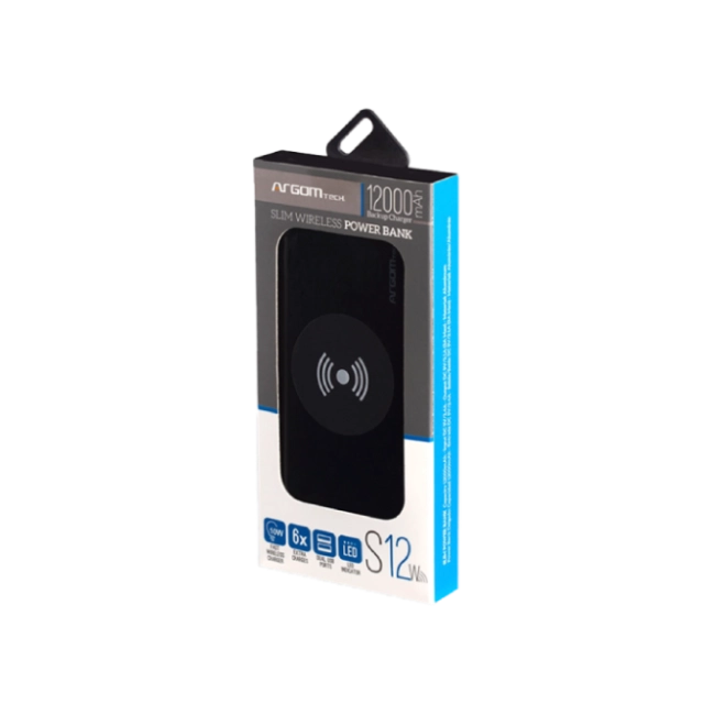 Cargador Portatil Argom ARG-PB-1156BK S12W Carga Rapida de 15W 2 Puertos USB 12000mAh LED Slim Color Negro