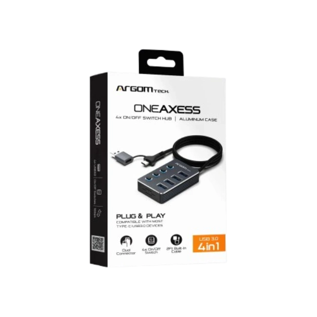 HUB Argom ARG-UB-0190 One Axess 2 en 1  USB A + C 4 Puertos USB 3.0 Interruptor 5GBPS con Cable 0.5MTS