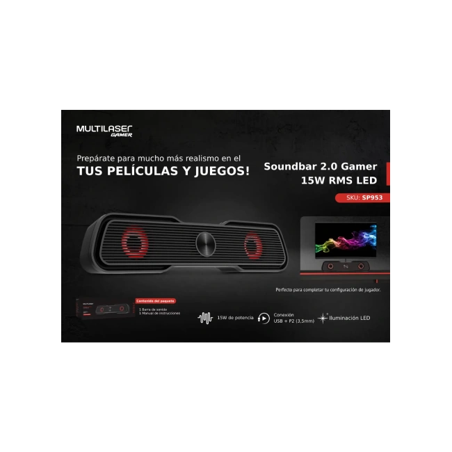 BARRA DE SONIDO  2.0 15W CONEXIÓN USB Y JACK3.1 ILUMINACION LED  RGB - SP953