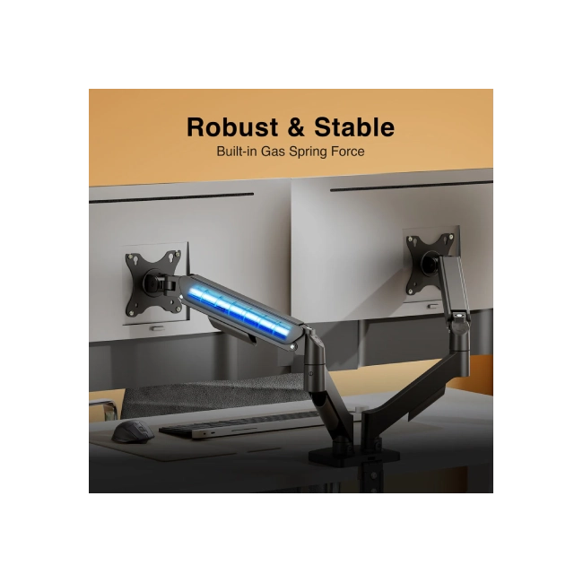 SOPORTE ARGOM PARA DOBLE MONITOR 17" A 32", RESORTE DE GAS Y ABRAZADERA