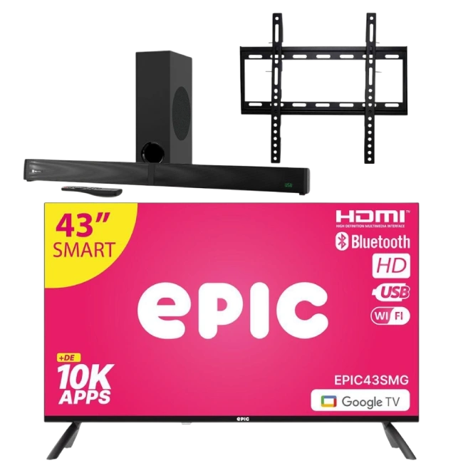 Combo de Sound Bar Klip Xtreme KSB-301 y Televisor Epic EPIC43SMG 43" con Bracket (Base) Para TV Epic EPICV23-2-6