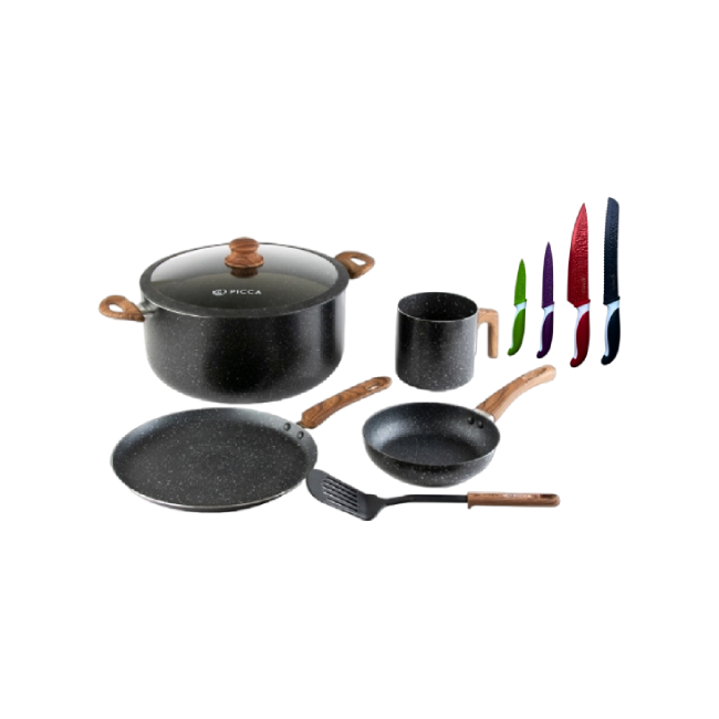 Bateria de Cocina Picca Catania PI006BMG 6 Piezas Color Gris Con Efecto Plateado con Set de Cuchillos Picca PI004SCAM 4 Piezas