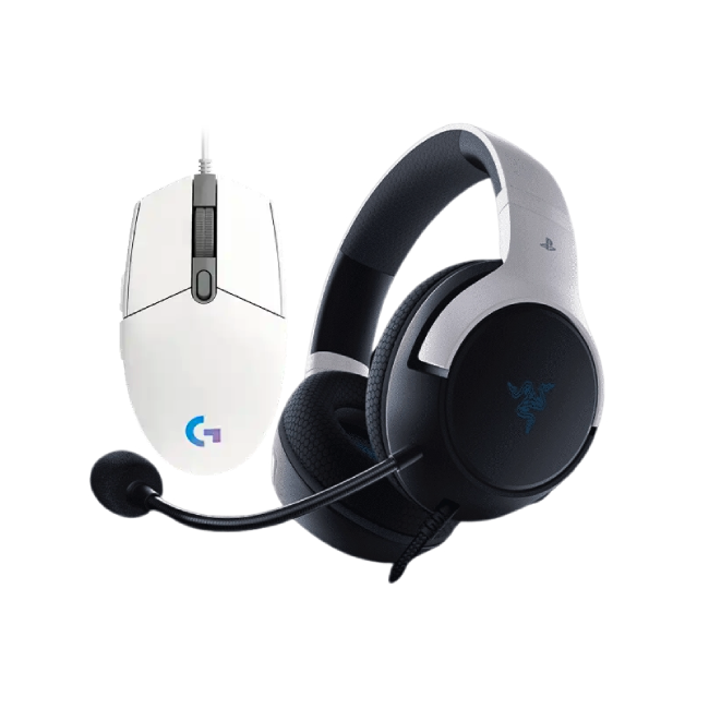 Combo de Headset Gaming Razer RZ04-03970700-R3U1 Color Blanco con Negro con Mouse Gaming Logitech G203 910-005791 Lightsync 8000 DPI Color Blanco