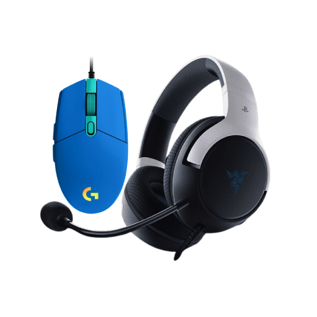 Combo de Headset Gaming Razer RZ04-03970700-R3U1 Color Blanco con Negro con Mouse Gaming Logitech G203 910-005792 Lightsync Color Azul