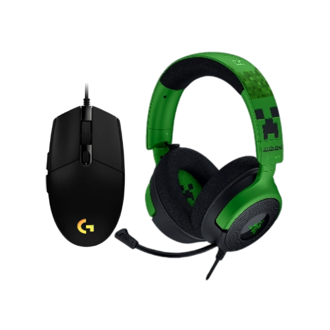 Combo de Headset Gaming Razer RZ04- 05180200- R3M1 Kraken V4 X Wired Color Verde Minecraft con Mouse Gaming Logitech G203 910-005790 Lightsync Color Negro