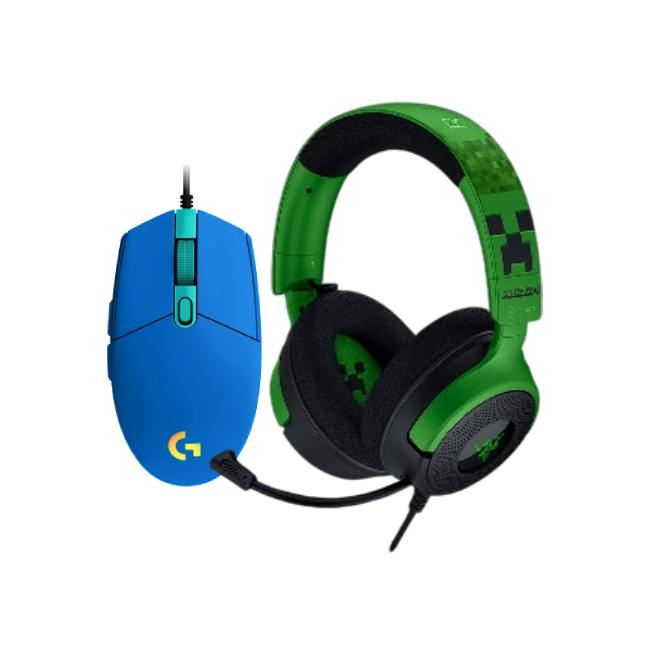 Combo de Headset Gaming Razer RZ04-05180200-R3M1 Kraken V4 X Wired Color Verde Minecraft con Mouse Gaming Logitech G203 910-005792 Lightsync Color Azul