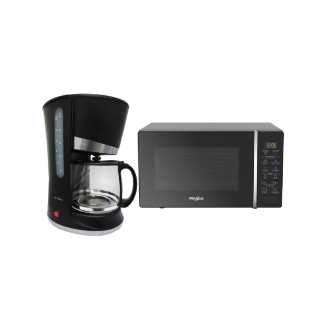 Microondas Whirlpool WM1807B 0.7P³ Color Negro con Cafetera Sankey CM-1227 1.2Lts 12 Tazas 800W Color Negro